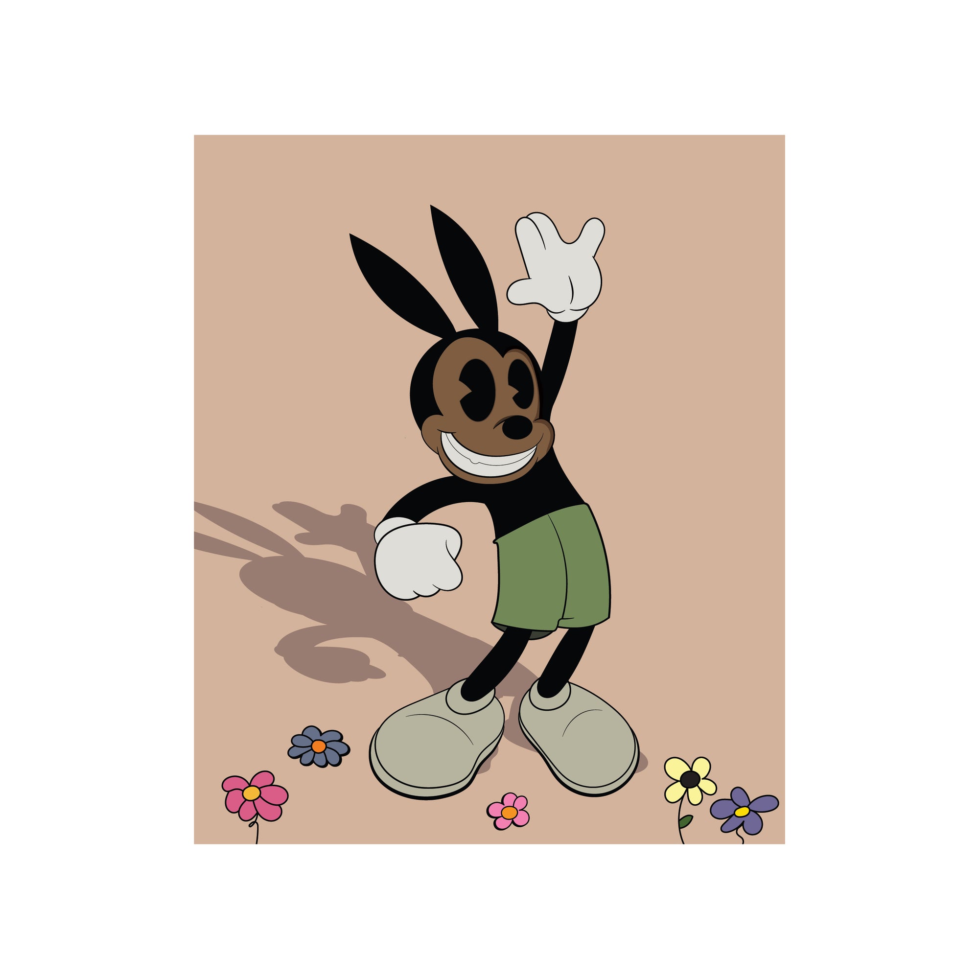 Ozzy, a Black Mickey Mouse-inspired cartoon character with long black ears, a brown face, white gloves, blue shorts, and yellow shoes, strikes a playful pose against a solid red background. Colorful cartoon flowers line the bottom, and his shadow extends to the left.