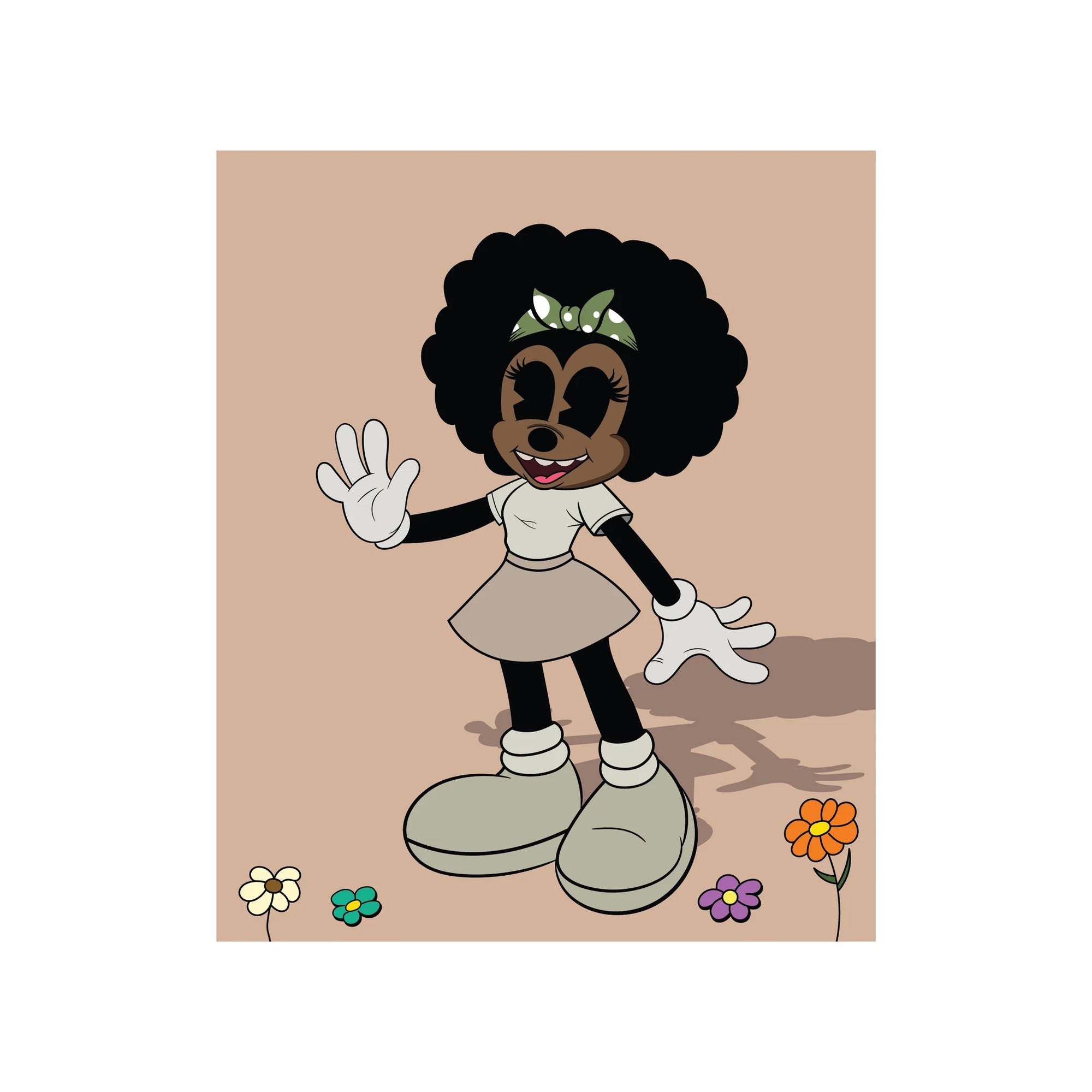 Ruby, a Black Minnie Mouse-inspired cartoon character created by Rello, features a large afro, brown face, and a green polka-dot headband. She smiles and waves against a warm beige background, wearing a light cream top, matching skirt, and oversized shoes with classic white gloves. Colorful cartoon flowers line the bottom, and her shadow stretches behind her.